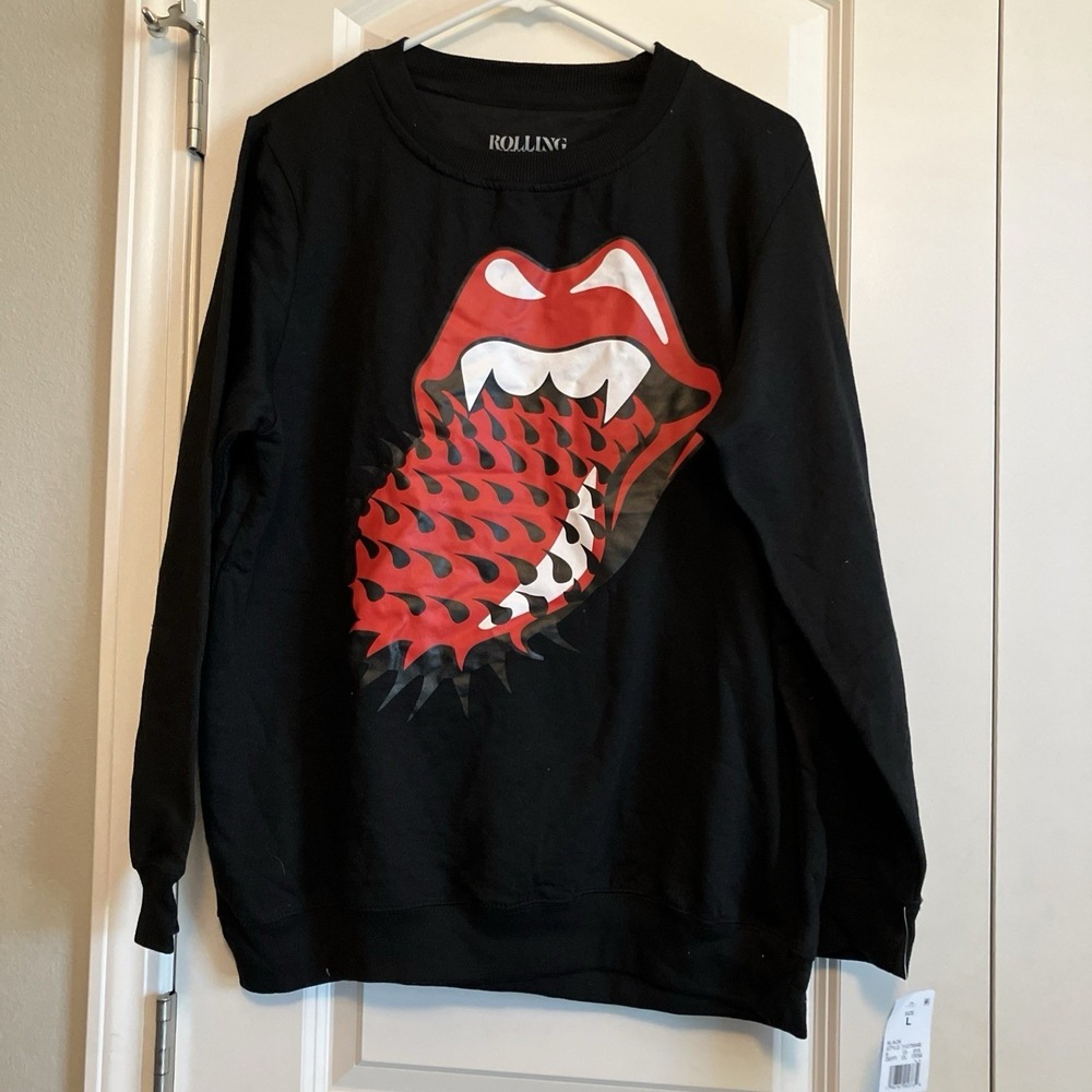 Rolling Stones Graphic Sweatshirt Women M Black NWT Spiked Tongue Fangs C561